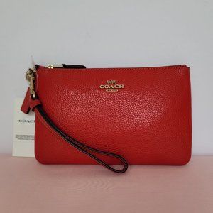 COACH Small Wristlet in Polished PebbleD Leather- Sport Red⭐